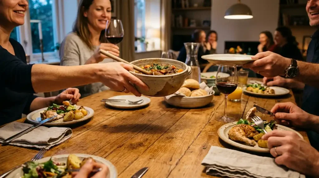 Solid oak dining table surface in a middle class family dining room during a meal
