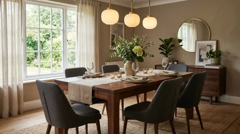 Table in a dining room styled for a middle class home with walnut wood and upholstered chairs