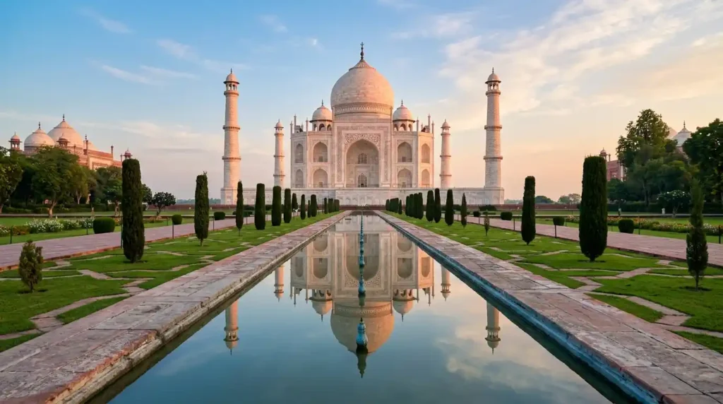 Taj Mahal in Agra India reflected in rectangular pool with pink golden morning light on white marble