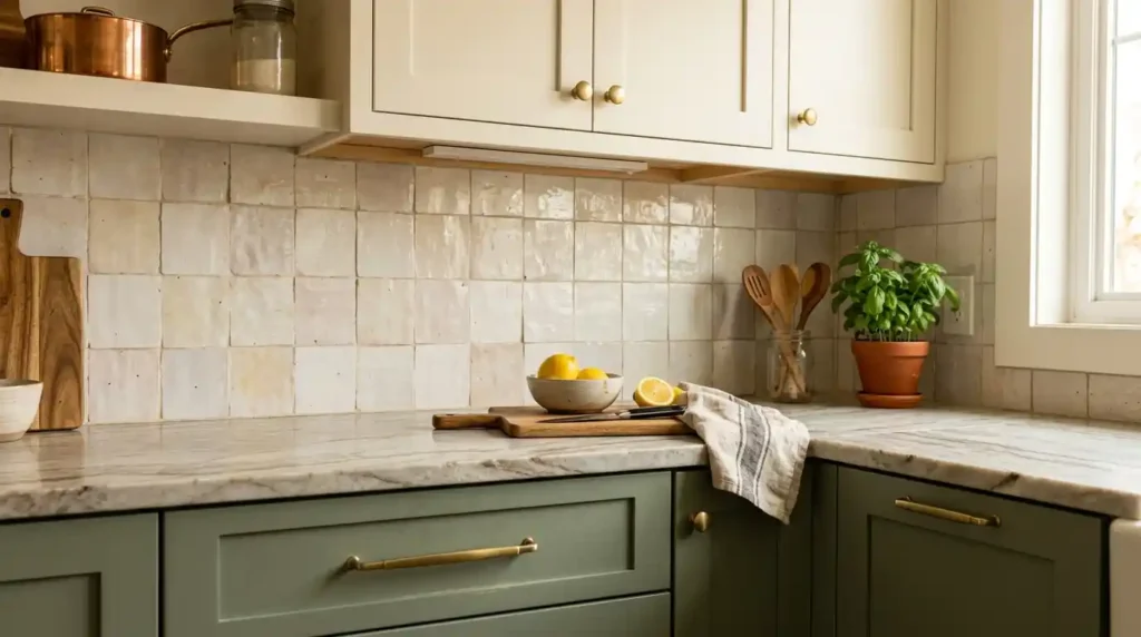 Two-toned sage green and cream kitchen cabinets with zellige tile backsplash in a middle class home
