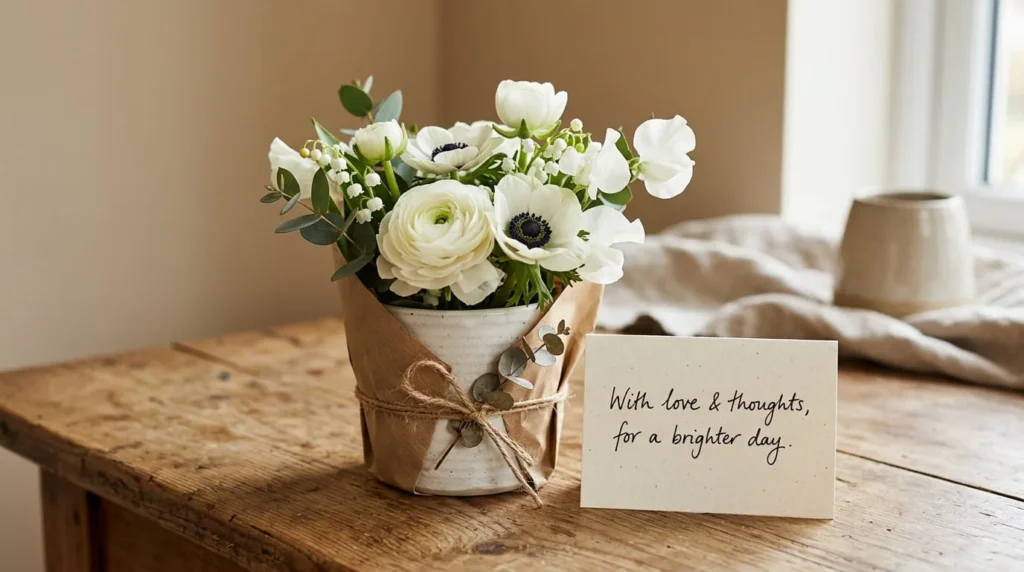 Compact white flower posy in ceramic vessel with kraft paper wrapping and handwritten note card as thoughtful gift