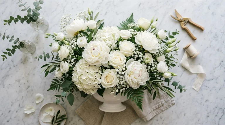 Overhead flat lay of white flower arrangement with peonies roses hydrangeas lisianthus and baby's breath on marble
