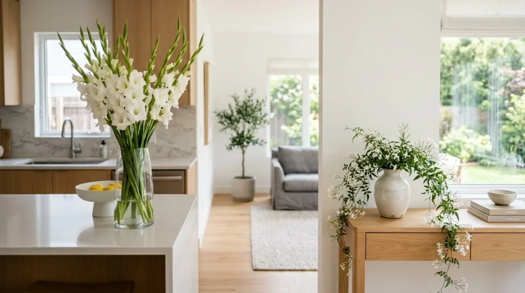 Tall glass vase of white gladiolus on kitchen counter beside ceramic vase of trailing white jasmine on wooden console