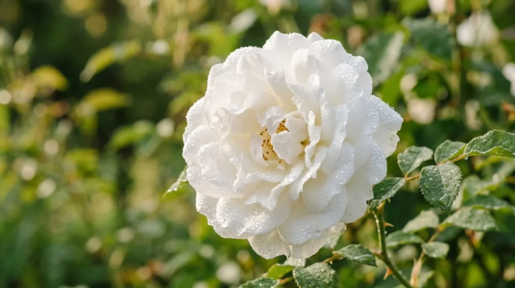 Close-up macro photograph of fully open white garden rose with ruffled petals and water droplets