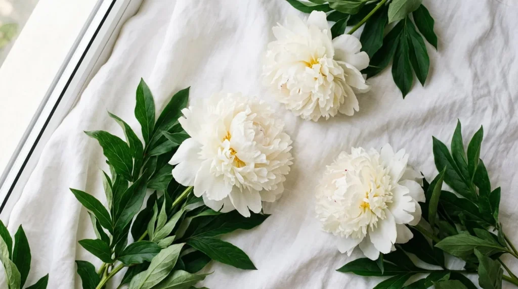 Three large fully bloomed white peonies with green leaves on white linen surface in soft natural window light