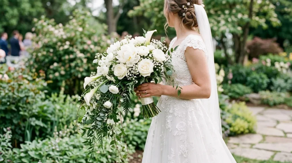 Bride holding cascading white wedding bouquet with peonies garden roses calla lilies baby's breath and trailing ivy