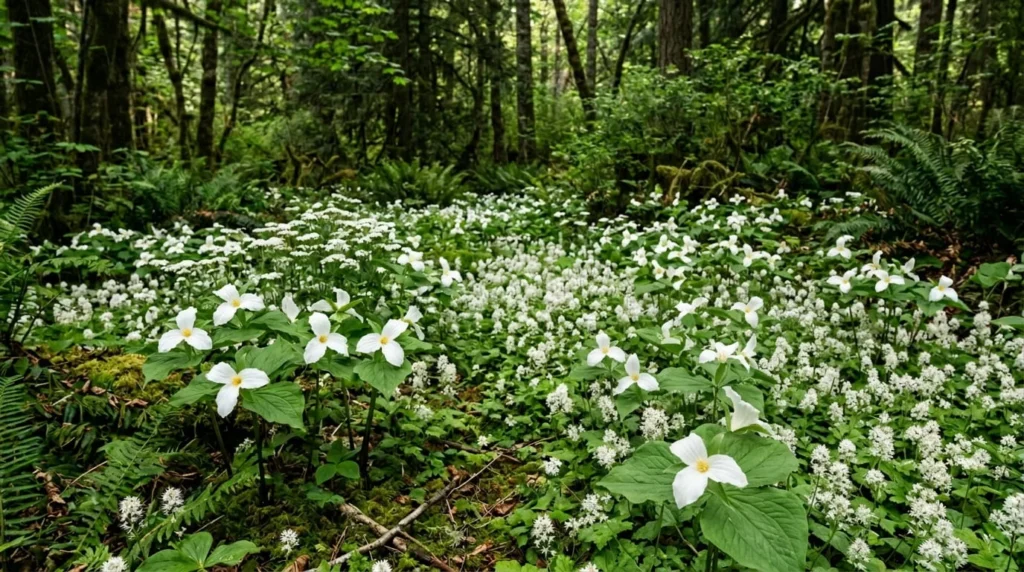 White wildflowers in forest meadow showing Western Trillium yarrow and foamflower in natural setting