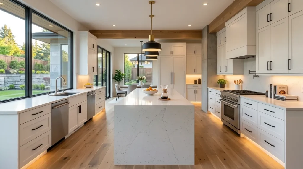 Modern white shaker kitchen cabinets with a waterfall island and premium custom cabinetry.