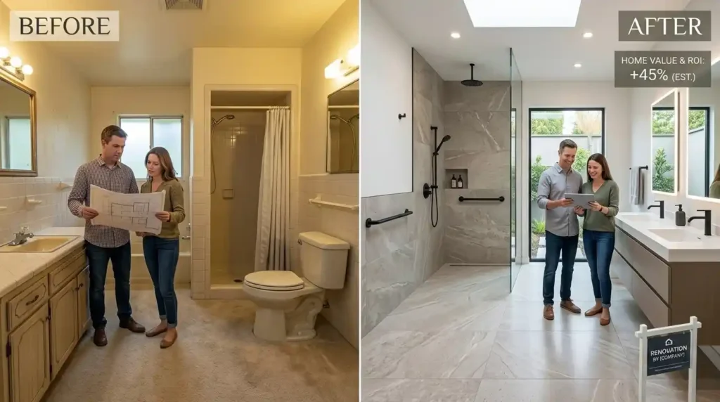 Minor bathroom remodel featuring a walk-in shower, updated vanity, and accessibility upgrades that improve home value.