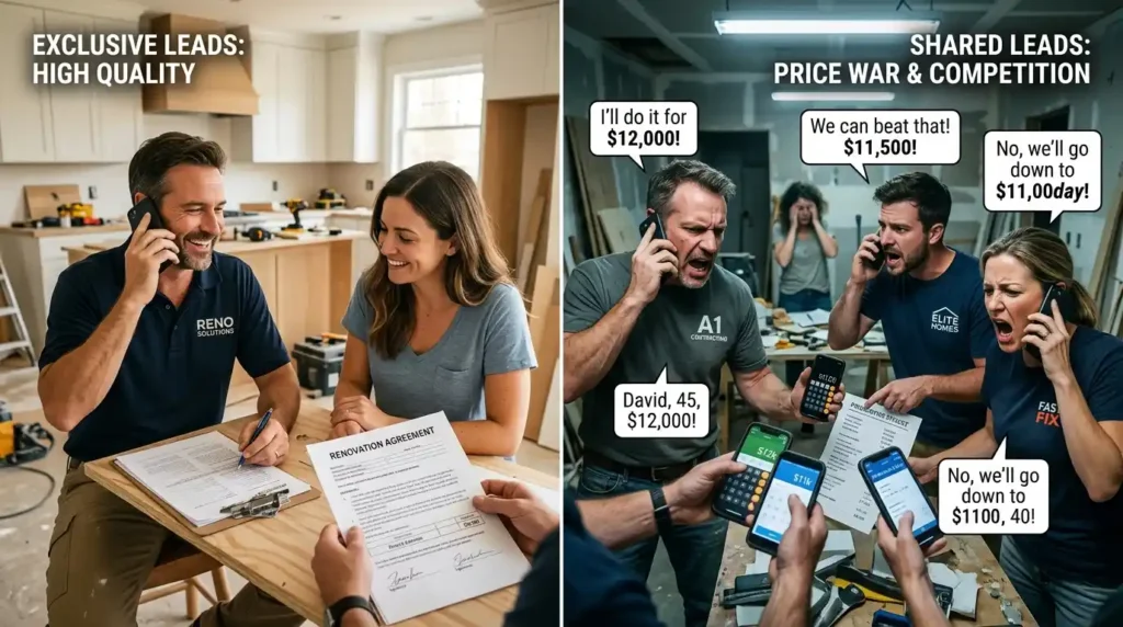 Exclusive home improvement leads vs shared leads comparison showing single contractor closing deal versus multiple contractors competing for same lead