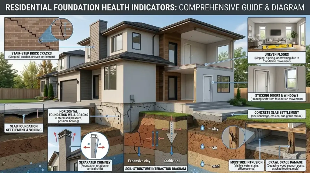 Common warning signs of house foundation damage including wall cracks, uneven floors, and sticking doors.