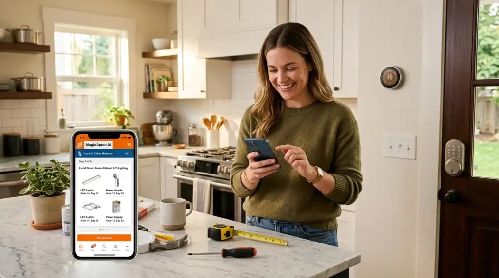 Homeowner using Home Depot Magic Apron AI shopping assistant app on smartphone for DIY project guidance alongside Hubspace smart home devices in a modern kitchen
