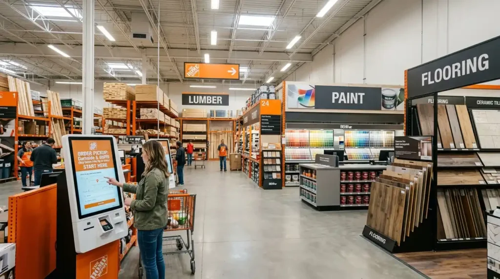 Inside a newly opened Home Depot store showing flooring paint lumber and a customer using the app for BOPIS curbside pickup as part of the 2026 omnichannel retail expansion
