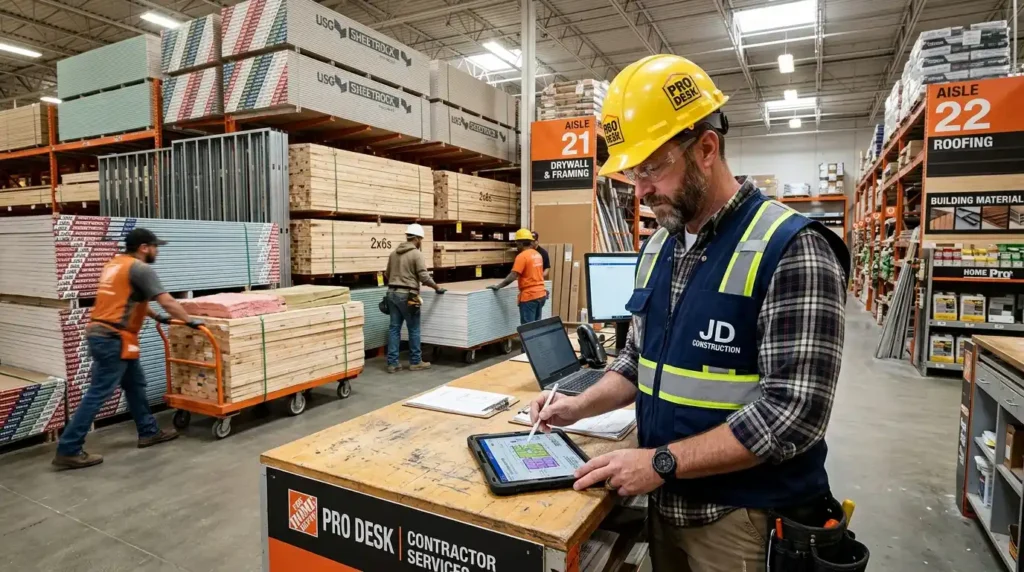 Professional contractor reviewing AI blueprint takeoff on tablet at Home Depot Pro desk with drywall roofing and framing materials in background showing Pro contractor ecosystem