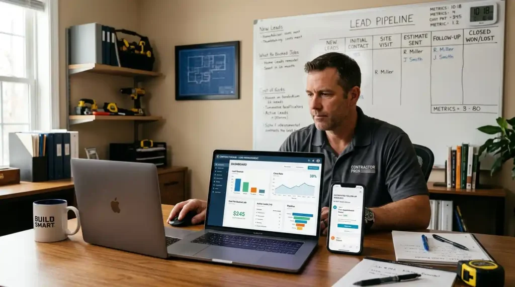 Home improvement contractor using CRM software to track lead response time close rates and cost per booked job for lead pipeline management