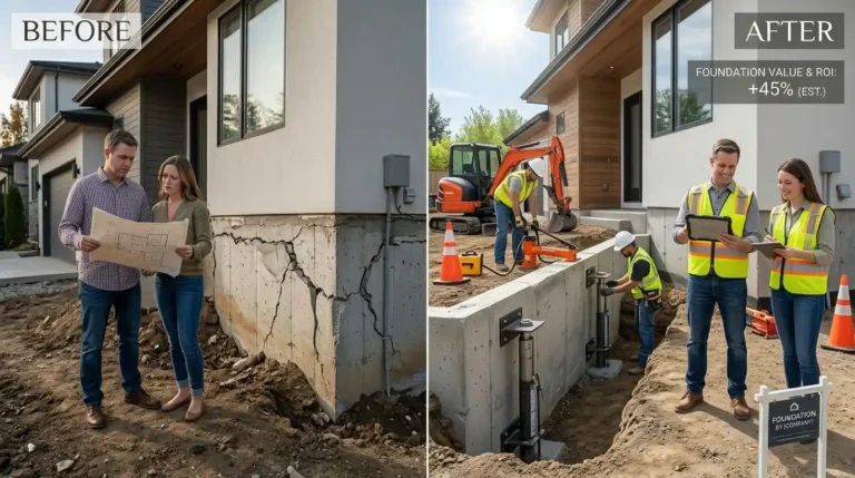 Professional house foundation repair using hydraulic piers to stabilize a cracked residential foundation.