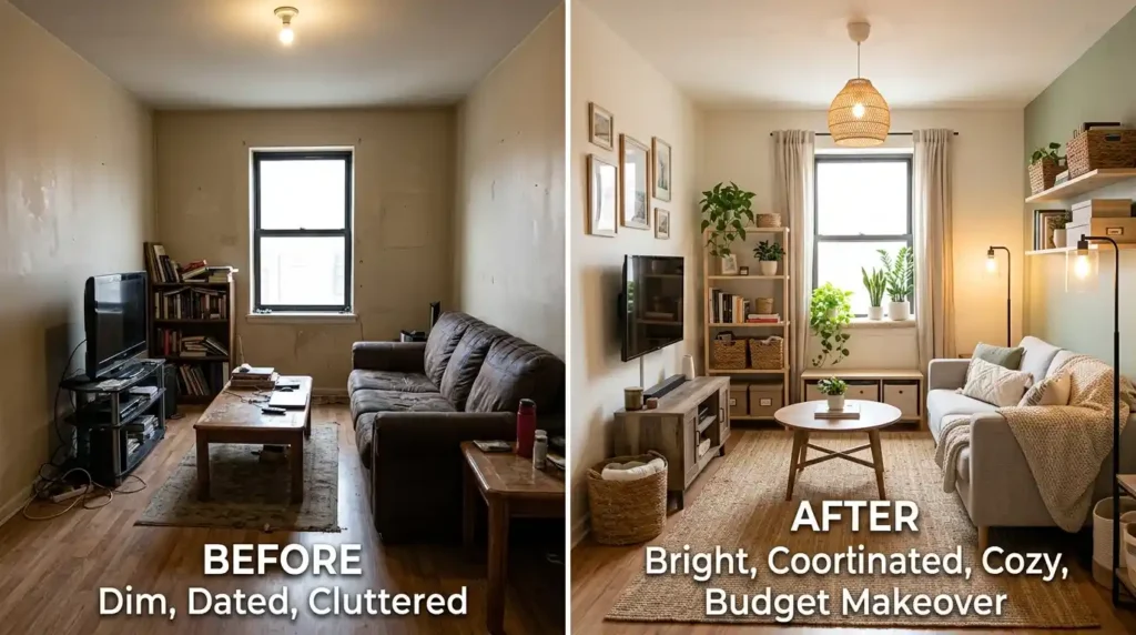 Before and after budget-friendly interior design transformation of a small home living space
