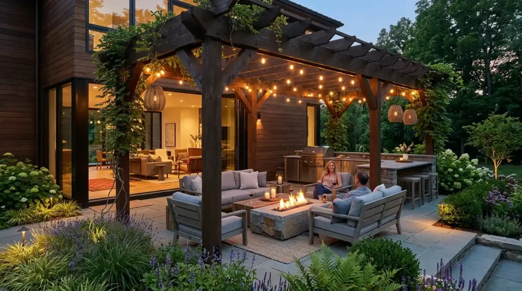 Outdoor living room with pergola, fire pit, and native landscaping creating a seamless extension of the home.