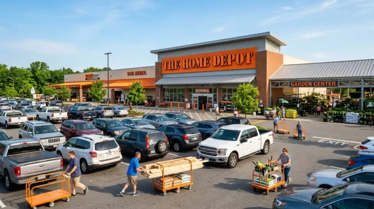 The Home Depot store exterior in 2026 showing full parking lot garden center and customers with lumber and building materials on a bright morning